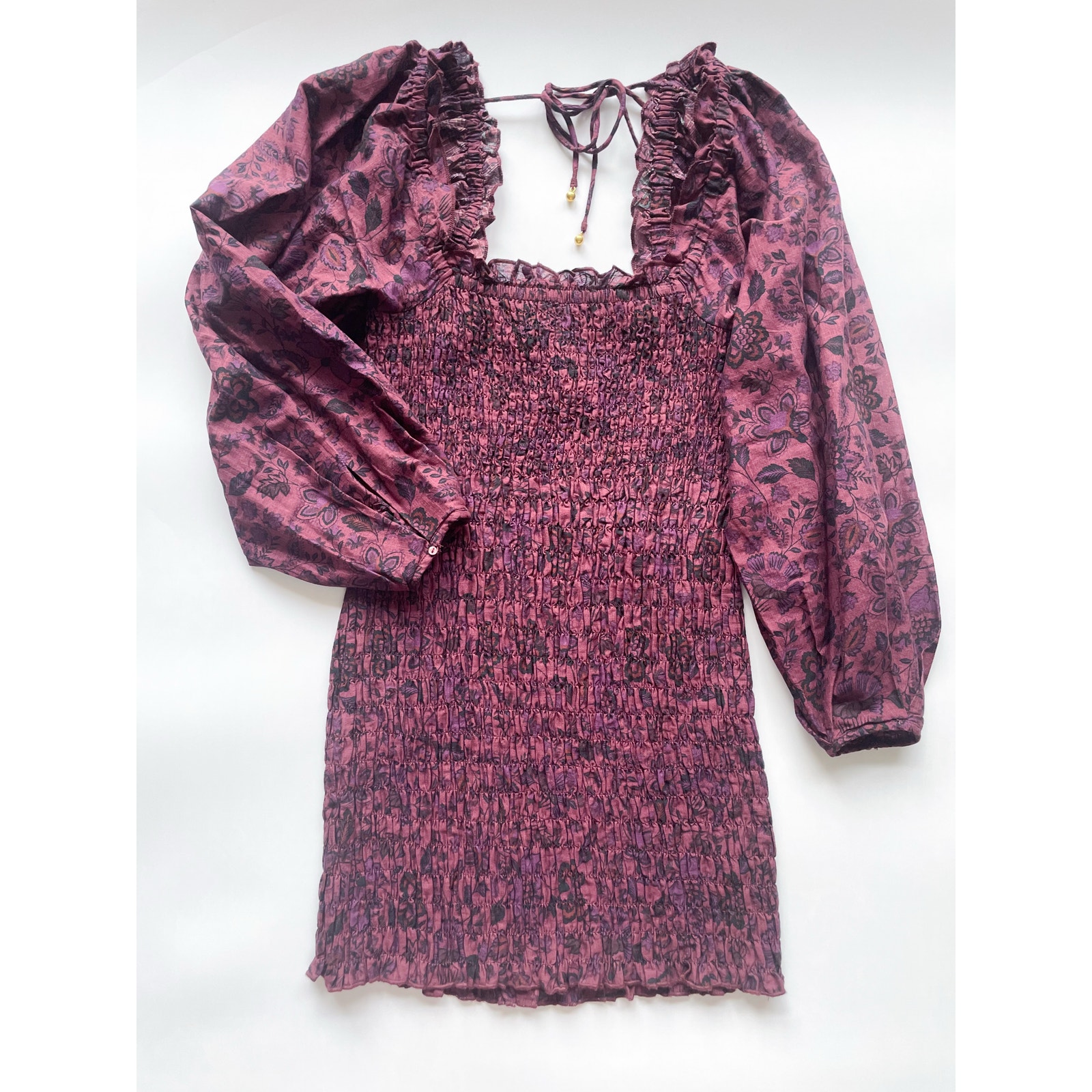 Nwt Free People Smocked Long Sleeve Mini Dress Black And Plum Boho Size Small